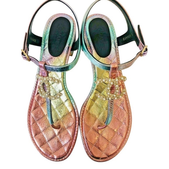 CHANEL Shoes - Rare Chanel rainbow metallic sandals pearl logo
